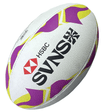 A Gilbert HSBC SVNS Replica Ball 24 by Gilbert with purple and yellow patterns, featuring the HSBC logo and the letters "SVNS" in black on a white background. It includes a synthetic latex bladder for excellent durability, making it an ideal HSBC Sevens replica ball.