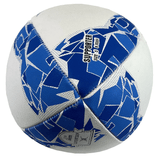 A white and blue rugby ball labeled "Italy Supporters Ball by Gilbert" with a size indication and geometric pattern design, featuring Gilbert branding.