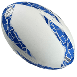 A blue and white rugby ball with geometric patterns, featuring an "Italy Supporters Ball by Gilbert" label, brand logo, and Italy Rugby branding on one side.