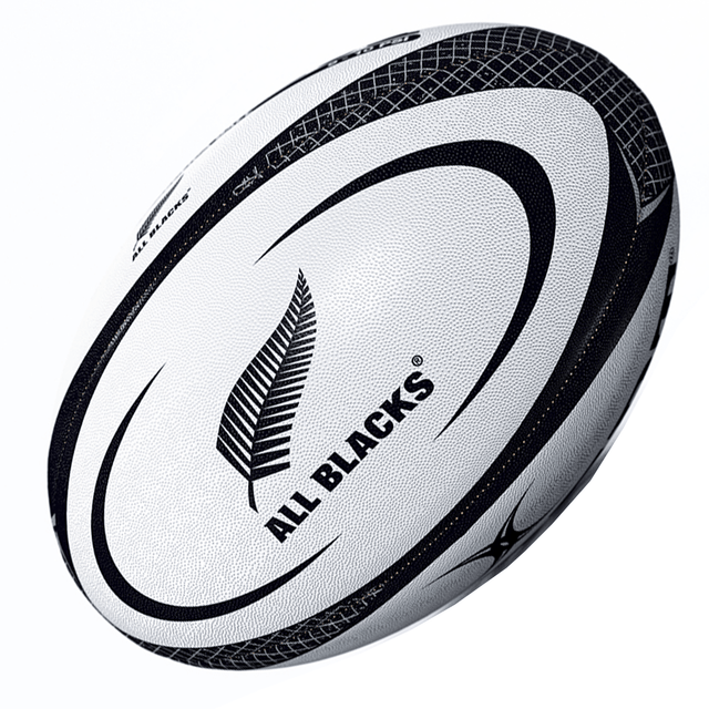 Close-up of a Gilbert All Blacks Replica Ball with a silver fern logo on a white background.