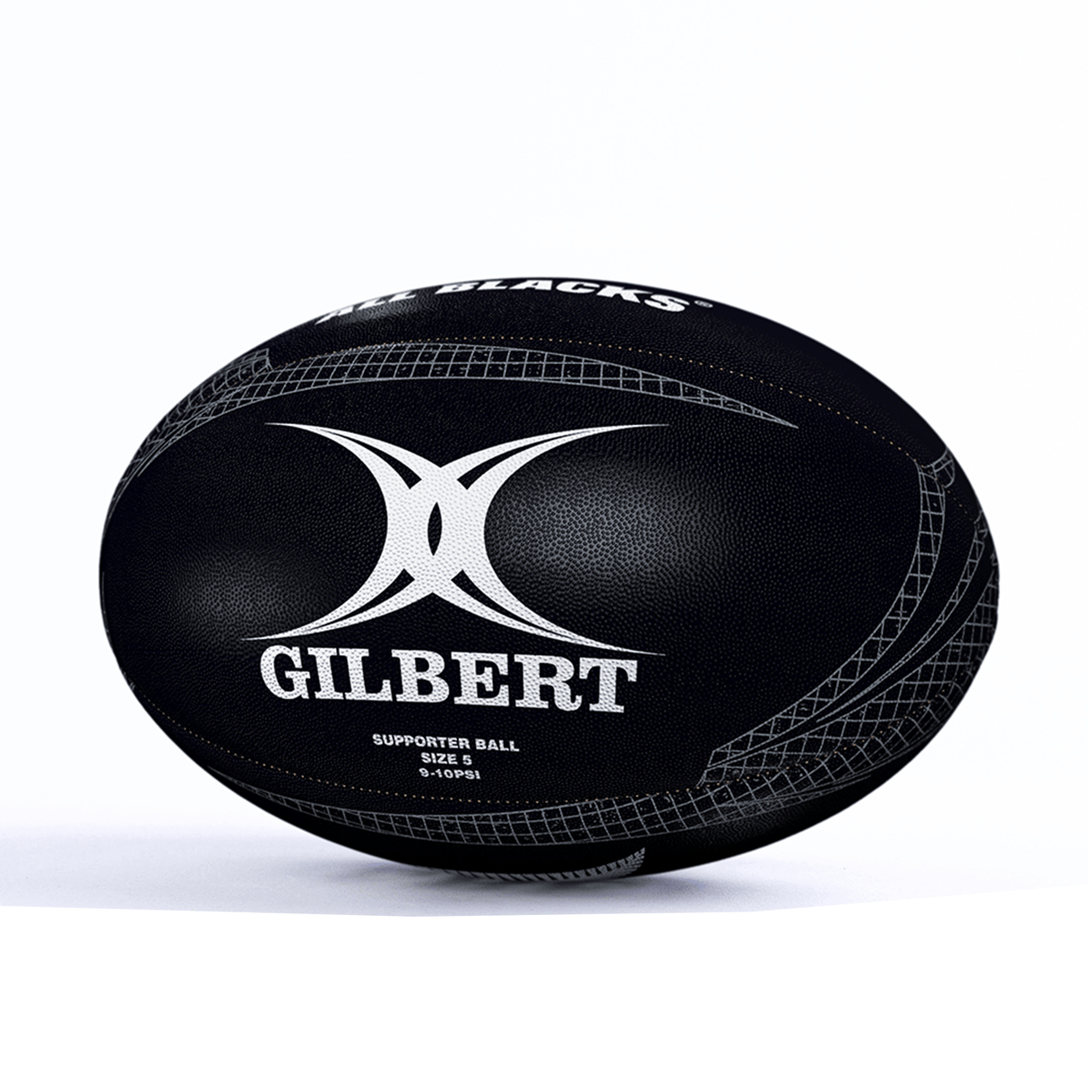 Black Gilbert All Blacks supporter ball with the logo "All Blacks" prominently displayed, against a white background.