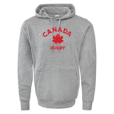 Gray Nations of Rugby Canada Rugby 60/40 Pullover Hoodie with "Canada Rugby" and a red maple leaf graphic printed on the front by WRS Augusta.