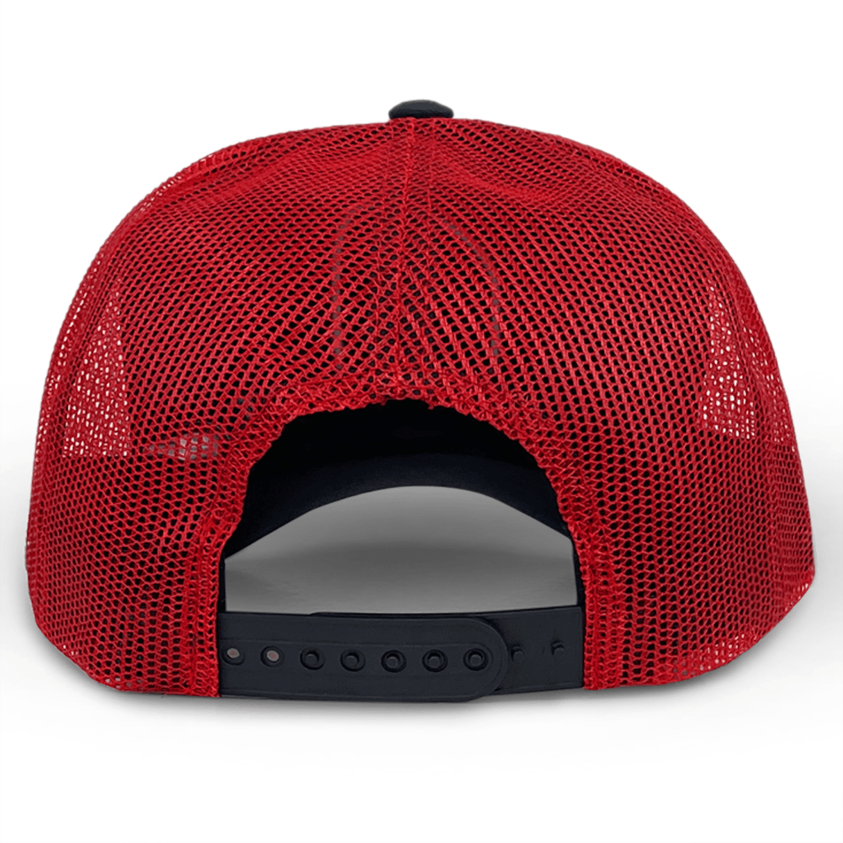 The back of a red and black RWC23 France Trucker Cap by Macron.