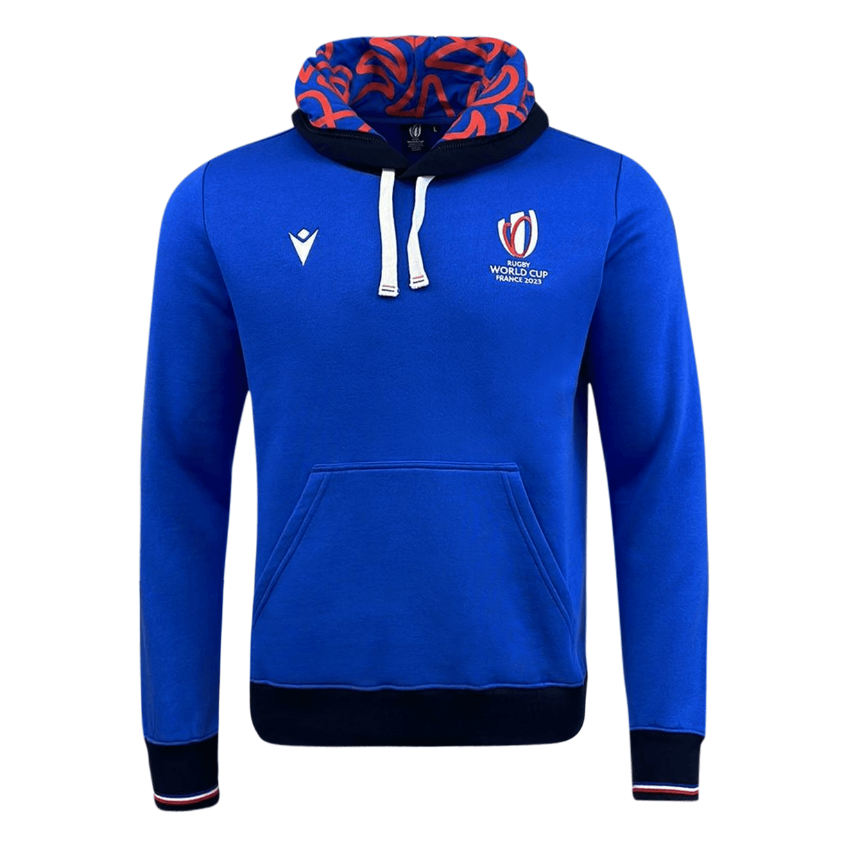 A Rugby World Cup 23 Brushed Fleece Hoodie by Macron with an orange and blue design.