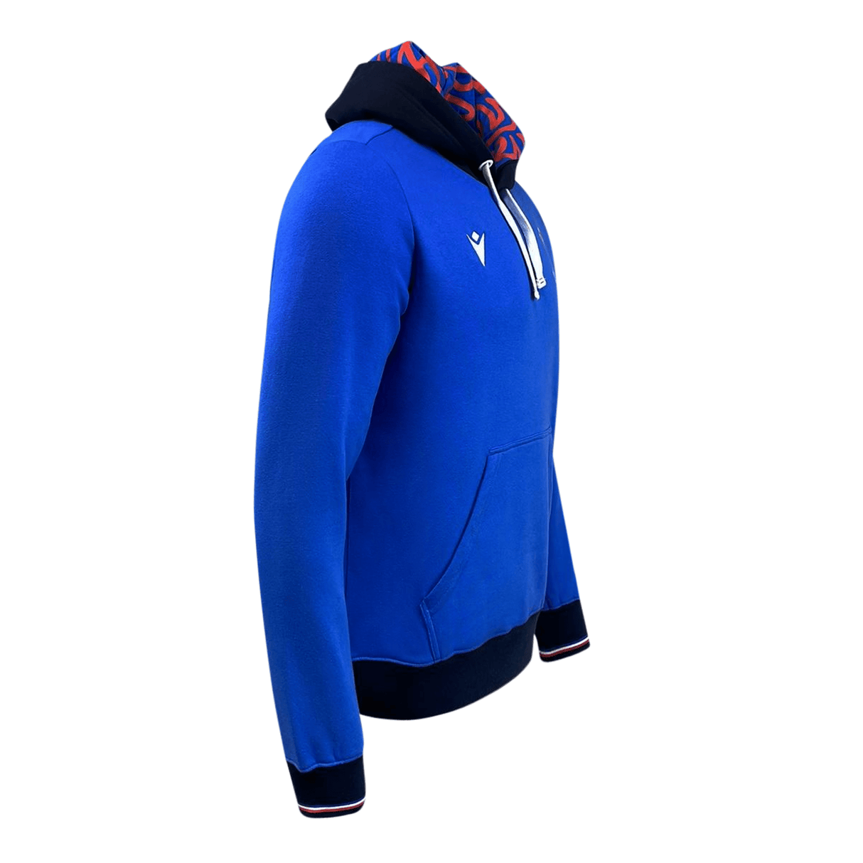 A Rugby World Cup 23 Brushed Fleece Hoodie by Macron with a red and blue hood.