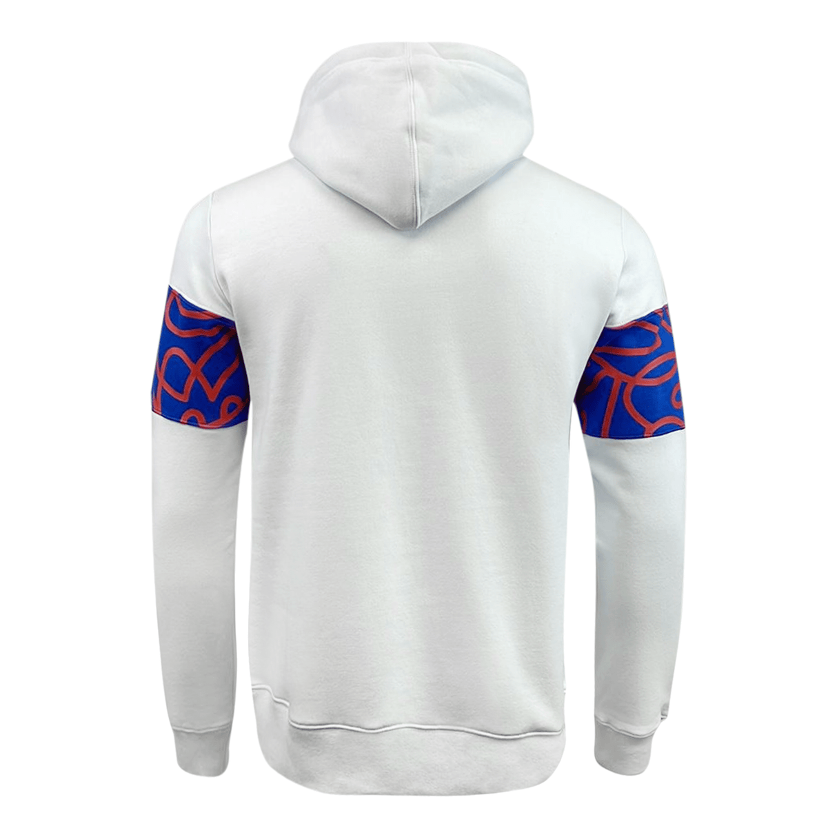 A Rugby World Cup 23 Brushed Fleece Hoodie by Macron with a blue and red design.