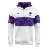 A Rugby World Cup 23 Brushed Fleece Hoodie by Macron with an orange and blue design.