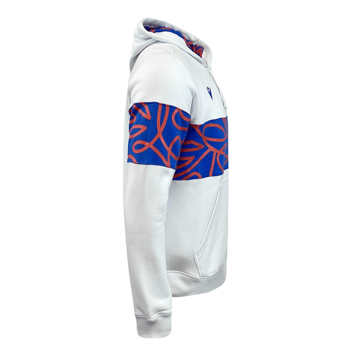 A white and blue Rugby World Cup 23 Brushed Fleece Hoodie by Macron with an orange and blue design.