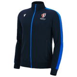 A black and blue RWC23 Full Zip Cotton Sweatshirt by Macron with a logo on the front.