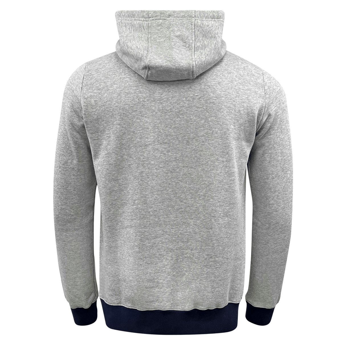 Cotton hoody with navy bottom edge, displayed from the back, featuring RWC23 Emblem Brushed Fleece Cotton Hoody branding by Macron.