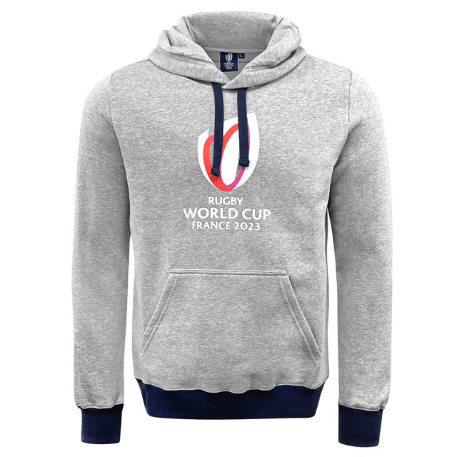 RWC23 Emblem Brushed Fleece Cotton Hoody by Macron with Macron Rugby World Cup France 2023 logo.