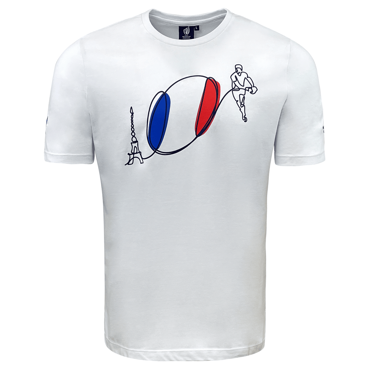 An official RWC23 France Flag Ball Logo Poly/Cotton Tee by Macron featuring the French flag ball logo.