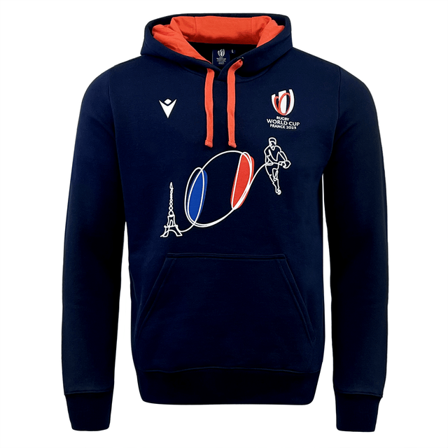 A RWC23 France Flag Ball Logo Brushed Fleece Cotton Hoody by Macron.