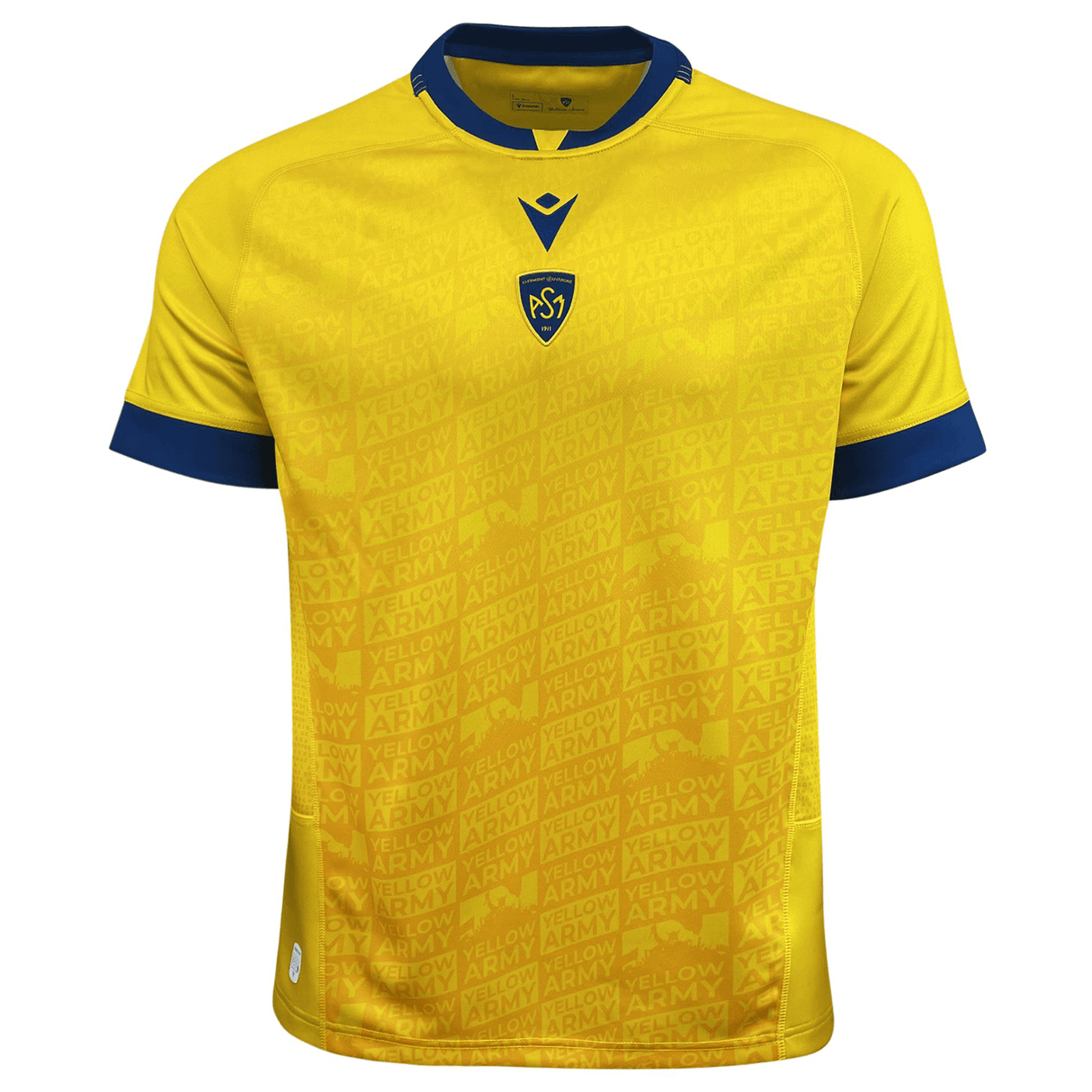 A yellow and blue ASM Clermont Auvergne Home Jersey 23/24 by Macron.