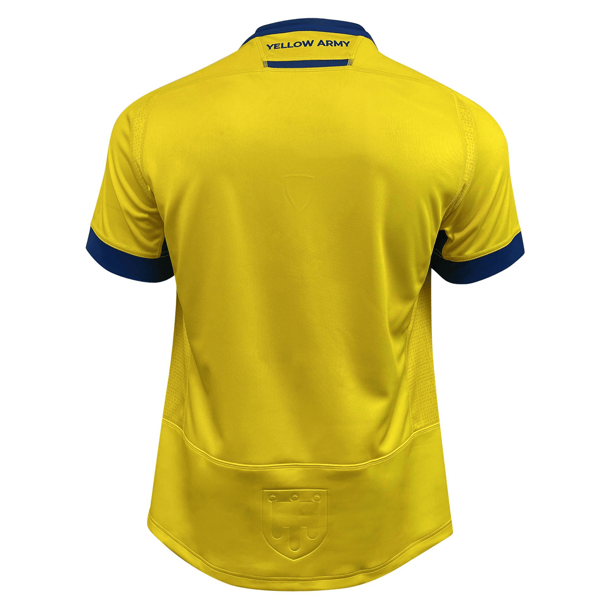 The back of a yellow ASM Clermont Auvergne Home Jersey 23/24 by Macron with blue trim.