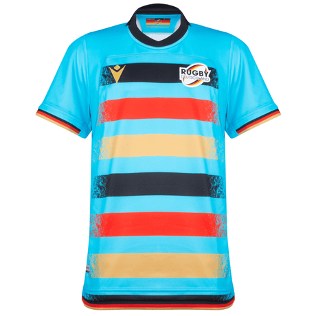 A blue rugby jersey with black, red, and beige horizontal stripes, featuring a "Rugby Europe" logo on the left chest, designed by Macron for the Deutschland Rugby 7s Away Jersey by Macron.