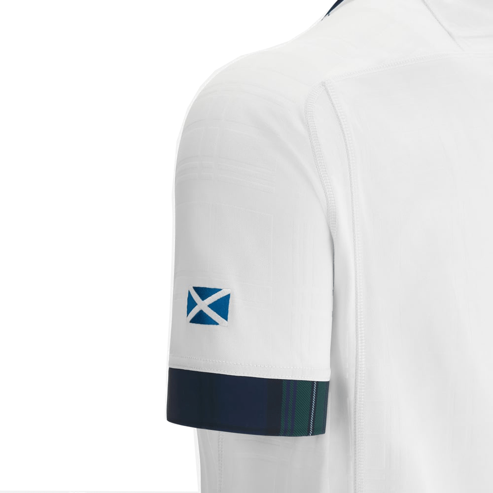 The Scotland Rugby RWC 23 Away Jersey by Macron has the Scottish flag on the sleeve.