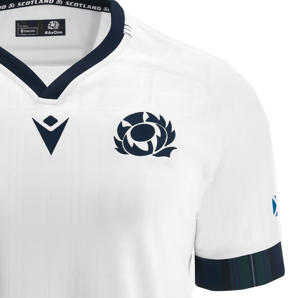 The Scotland Rugby RWC 23 Away Jersey by Macron has a blue and white design.