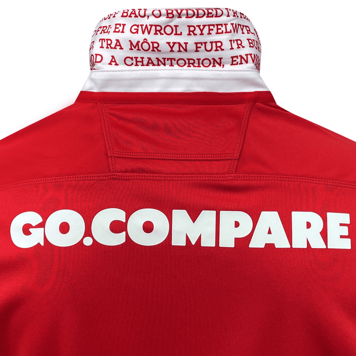 The back of a Macron Wales Rugby Union 23/24 Home Jersey with the words go compare on it.