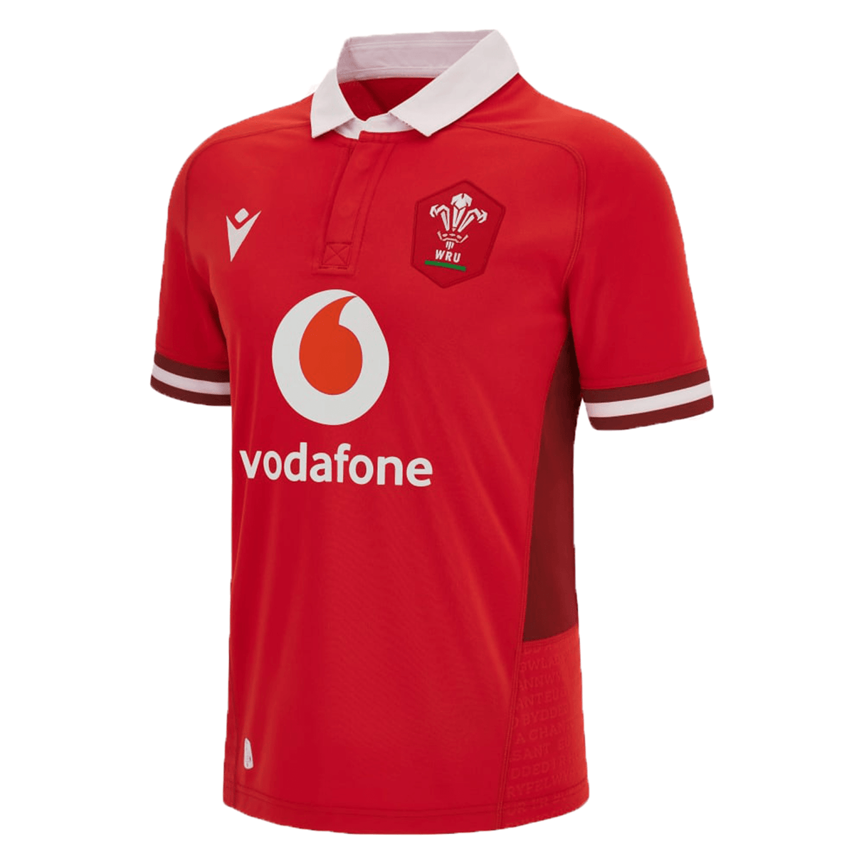 The Macron Wales Rugby Union 23/24 Home Jersey is red and white.