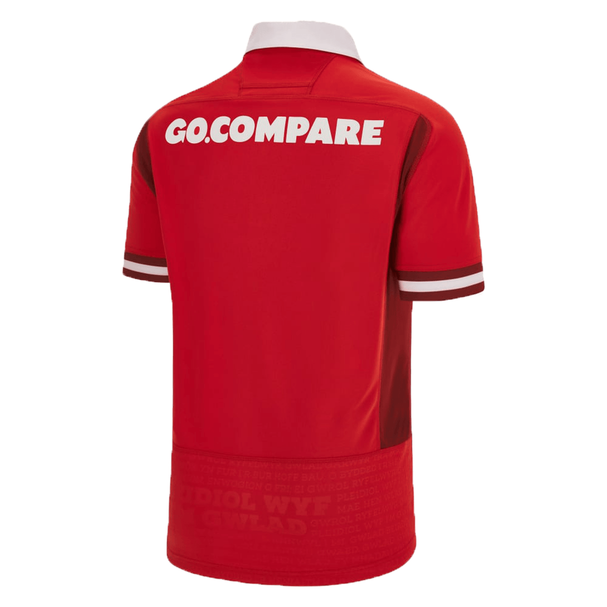 The back of a Macron Wales Rugby Union 23/24 Home Jersey with the word go compare on it.