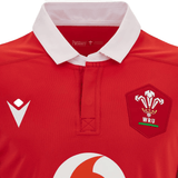 The Macron Wales Rugby Union 23/24 Home Jersey with the wales logo on it.