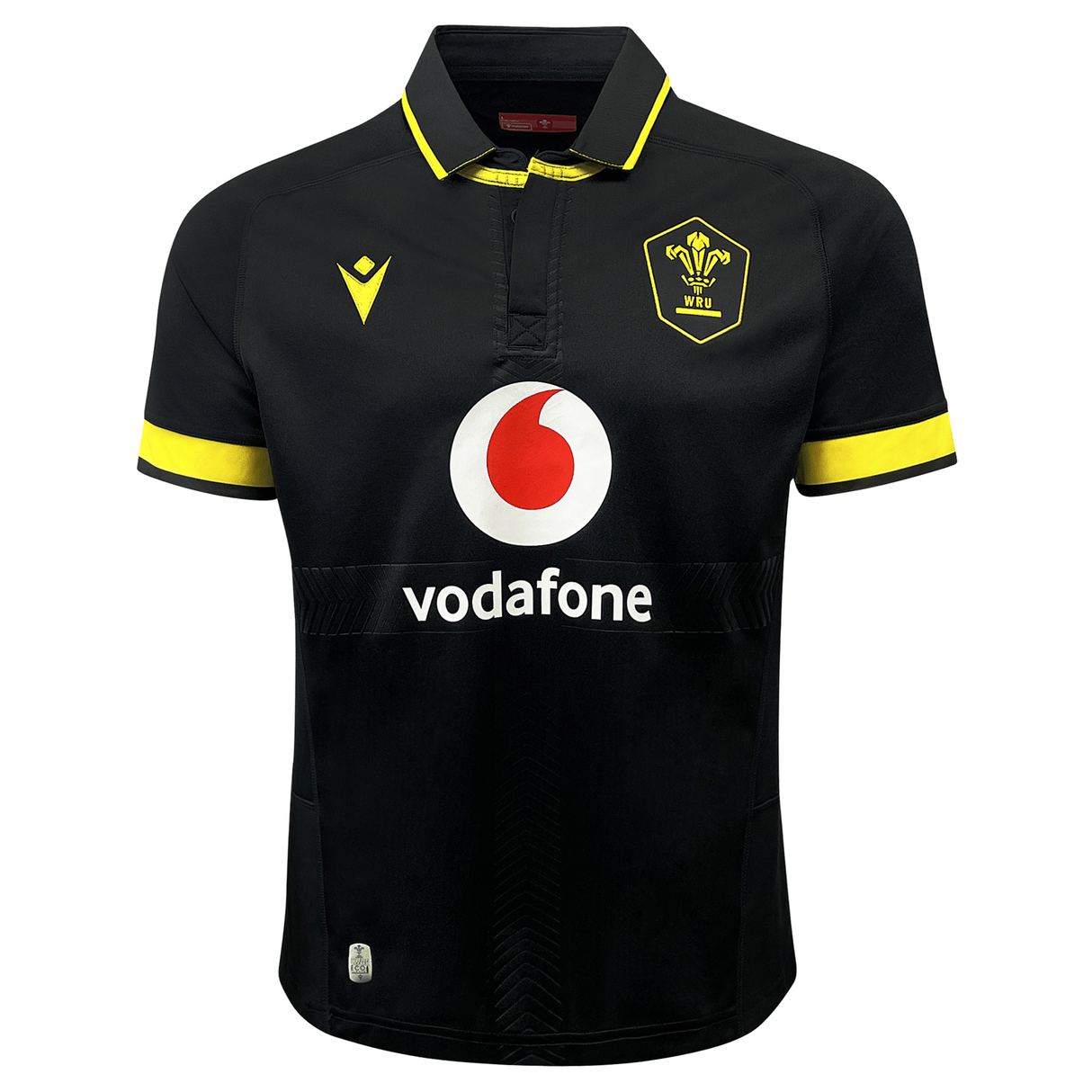 A black and yellow Wales Rugby Away Jersey 23/24 by Macron with the word vodafone on it.