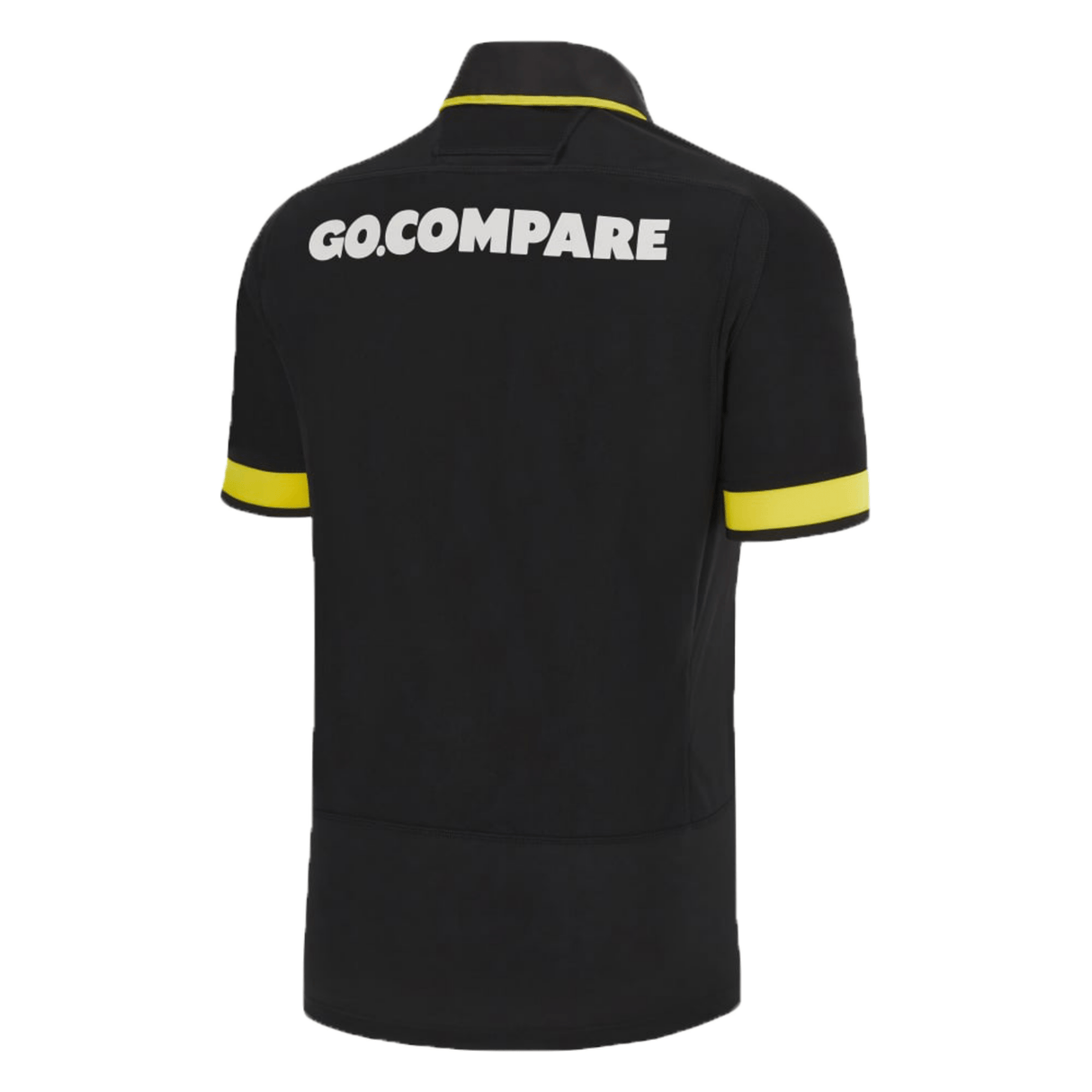 A black and yellow Wales Rugby Away Jersey 23/24 by Macron with the word gocompare on it.