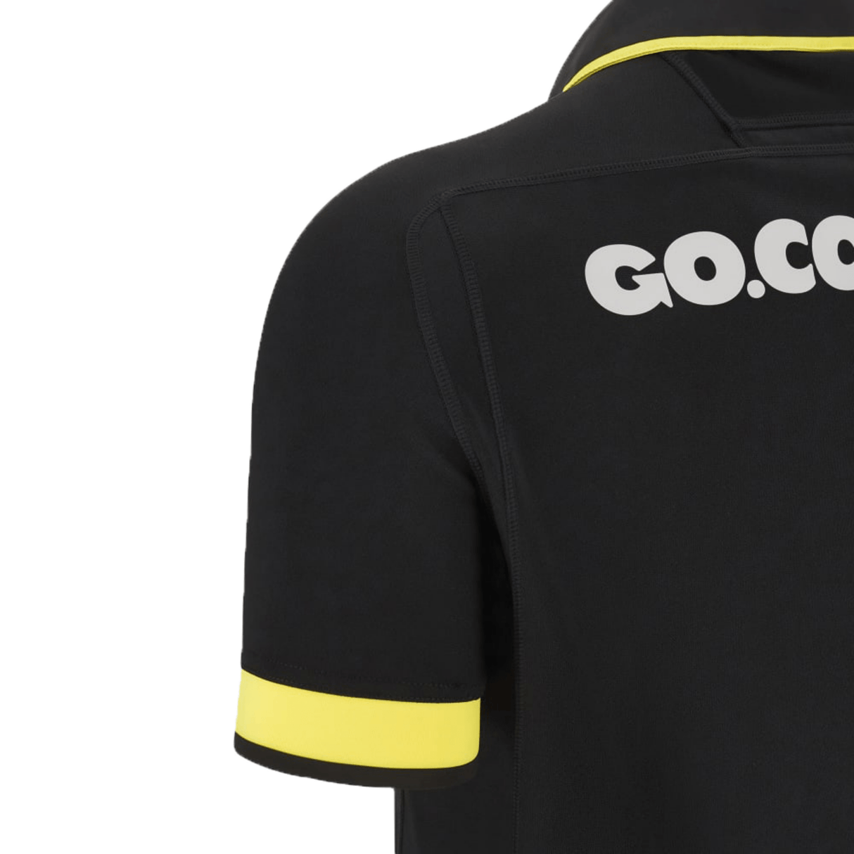 A black and yellow Wales Rugby Away Jersey 23/24 by Macron with the word go on it.