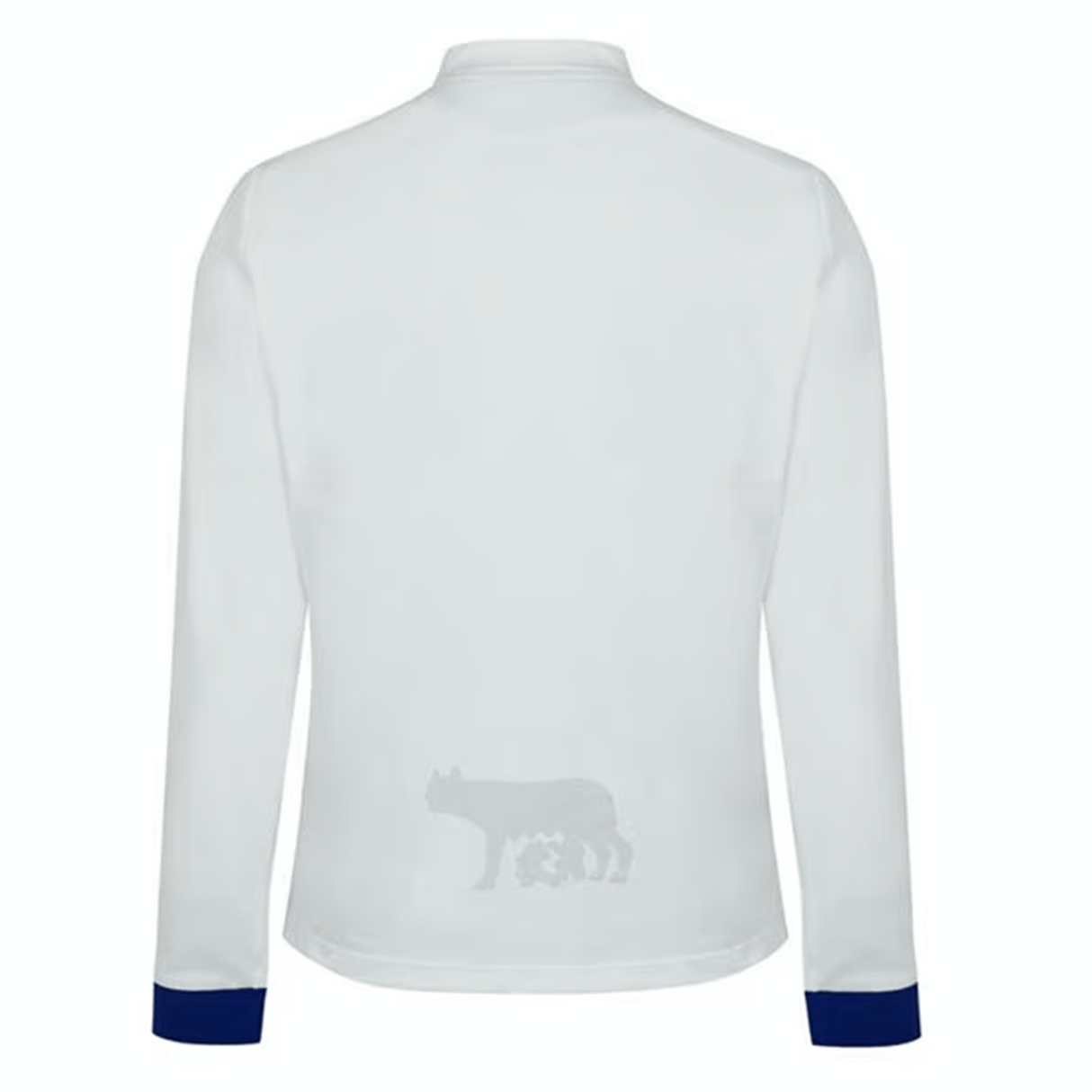 A long-sleeved white shirt with dark blue cuffs and a subtle outline of a wolf and trees on the back, inspired by the Italy RWC23 Long Sleeve Away Pique Cotton Polo by Macron.