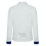 A long-sleeved white shirt with dark blue cuffs and a subtle outline of a wolf and trees on the back, inspired by the Italy RWC23 Long Sleeve Away Pique Cotton Polo by Macron.