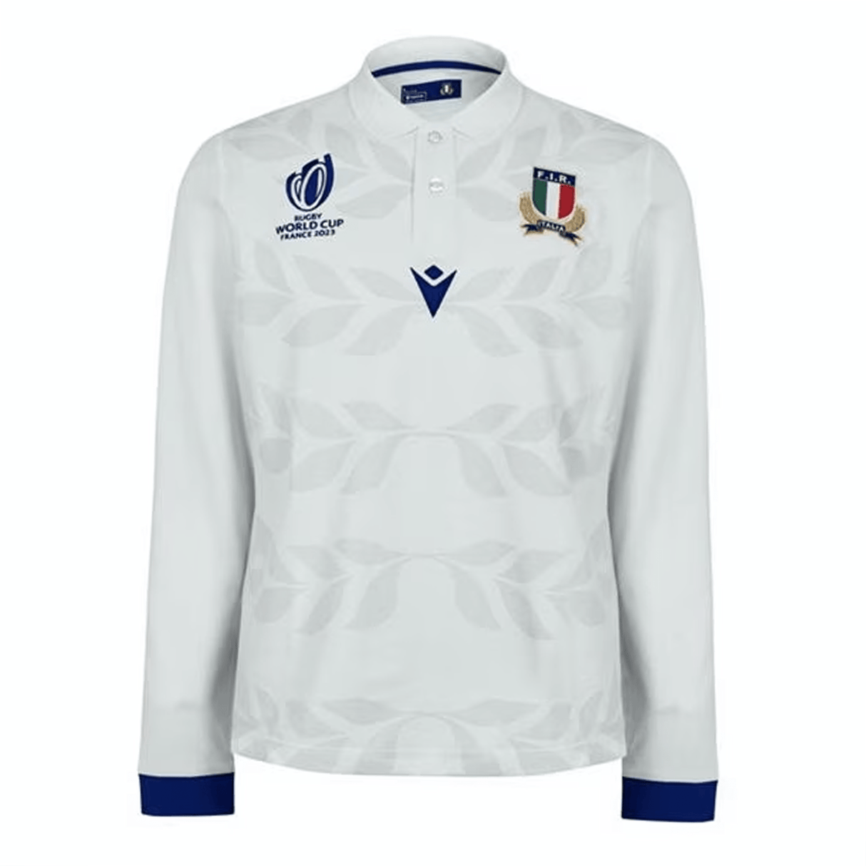 The Italy RWC23 Long Sleeve Away Pique Cotton Polo by Macron is a white long-sleeve rugby jersey featuring the World Cup 2023 and Italian national team logos on the chest. It boasts a subtle leaf pattern with blue accents on the cuffs, meticulously crafted by Macron.