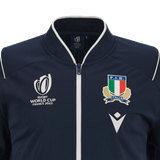 Close-up of the Italy RWC23 Full-Zip Anthem Jacket by Macron, showcasing the Rugby World Cup France 2023 logo on the left chest and the Italian Rugby Federation emblem on the right chest. This jacket epitomizes style and rugby pride.