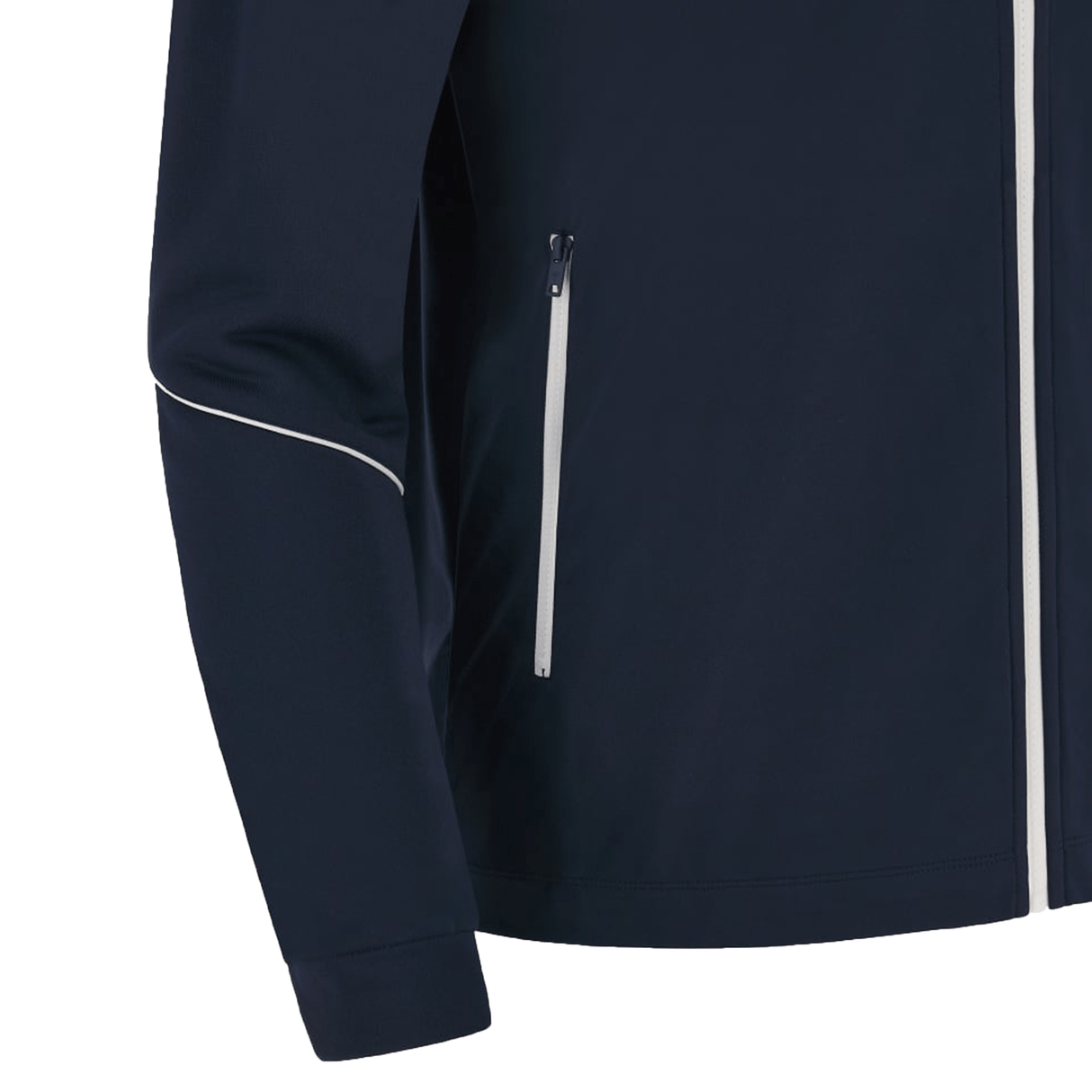 A close-up of the Italy RWC23 Full-Zip Anthem Jacket by Macron in navy blue, featuring a white zipper and white piping detail on the sleeves and side pockets.