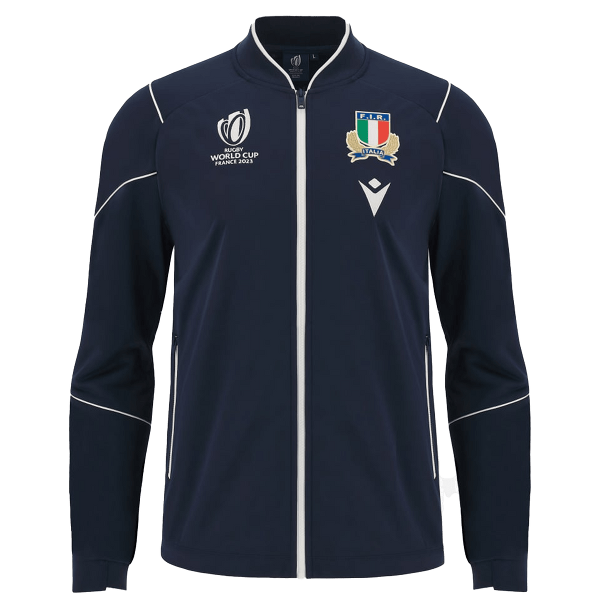 The Italy RWC23 Full-Zip Anthem Jacket by Macron is a dark blue jacket with white piping, showcasing the Rugby World Cup France 2023 logo on the left chest and the Italian Rugby Federation crest on the right. Designed by Macron, it delivers both style and comfort.