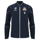 The Italy RWC23 Full-Zip Anthem Jacket by Macron is a dark blue jacket with white piping, showcasing the Rugby World Cup France 2023 logo on the left chest and the Italian Rugby Federation crest on the right. Designed by Macron, it delivers both style and comfort.