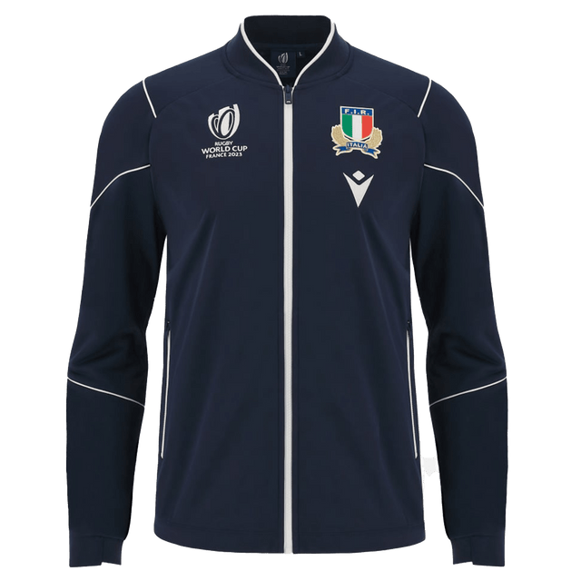 The Italy RWC23 Full-Zip Anthem Jacket by Macron is a dark blue jacket with white piping, showcasing the Rugby World Cup France 2023 logo on the left chest and the Italian Rugby Federation crest on the right. Designed by Macron, it delivers both style and comfort.