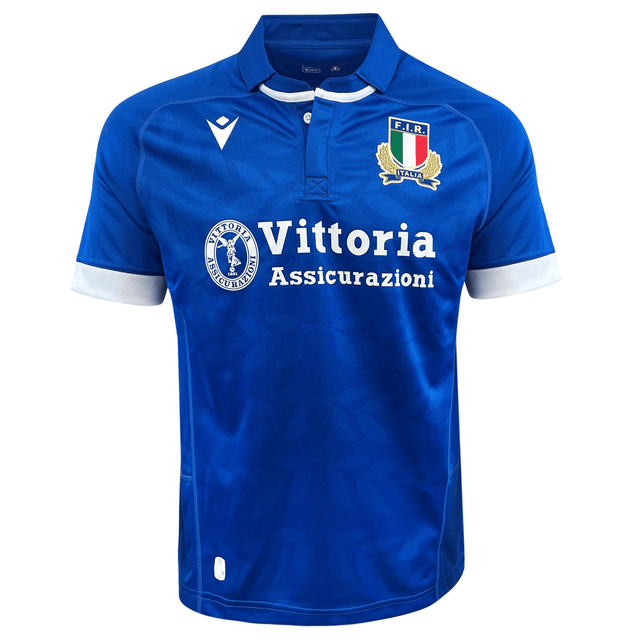 A blue soccer shirt with the word Italy on it: Italy FIR Home Jersey 23/24 by Macron.