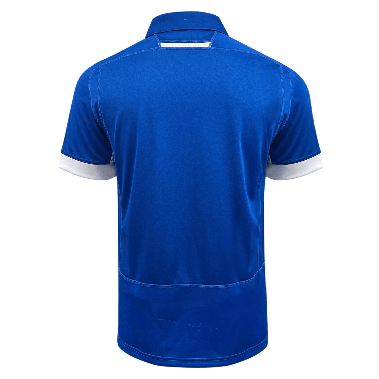 The back view of a men's blue and white Italy FIR Home Jersey 23/24 by Macron polo shirt.