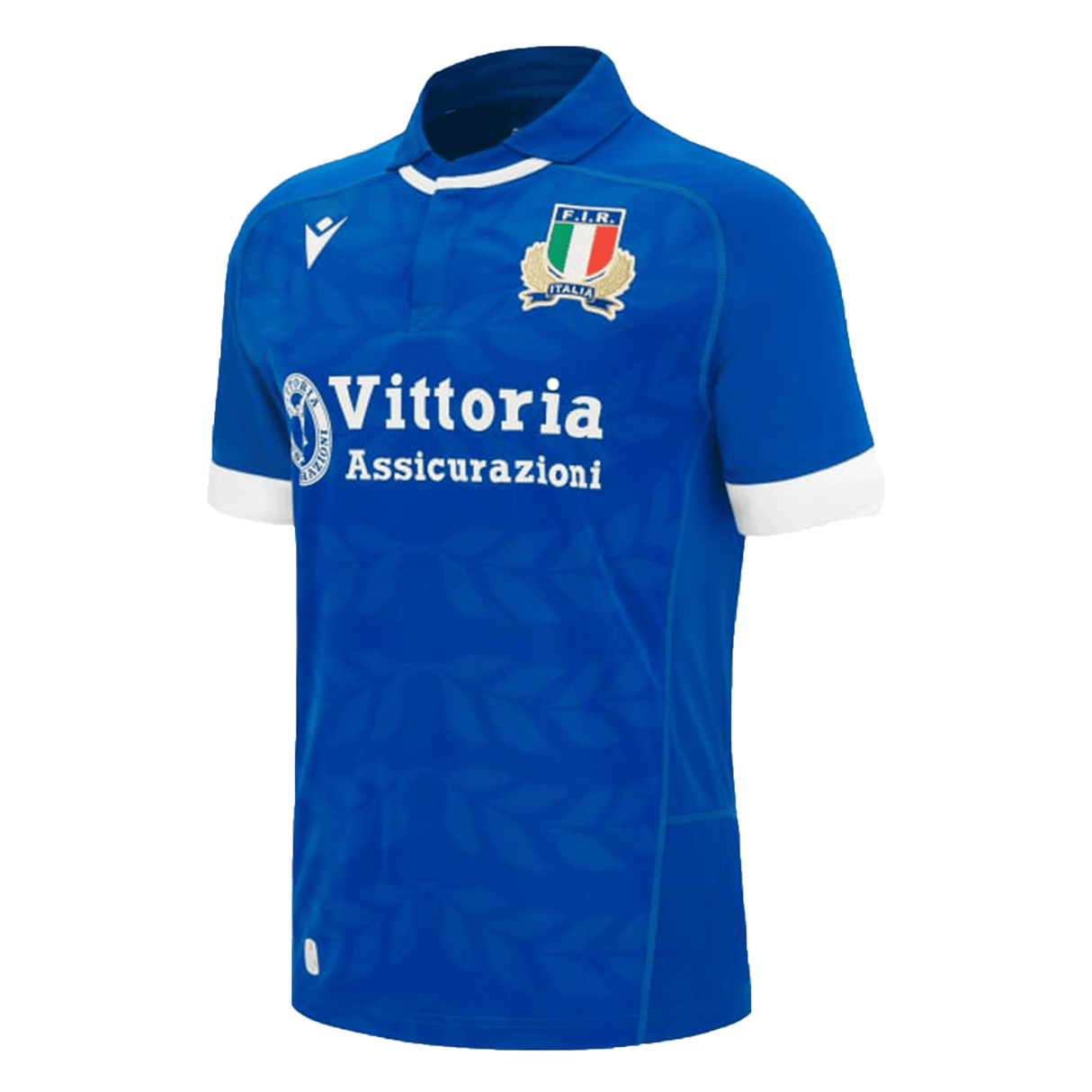 A blue soccer shirt, Italy FIR Home Jersey 23/24 by Macron, with the word vittoria on it.