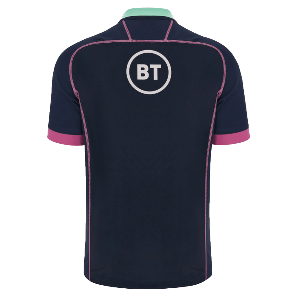 The Scotland Rugby Union Training Jersey 23/24 by Macron is a dark blue jersey featuring a light blue collar, pink trim, and a "BT" logo in a circle on the upper back.