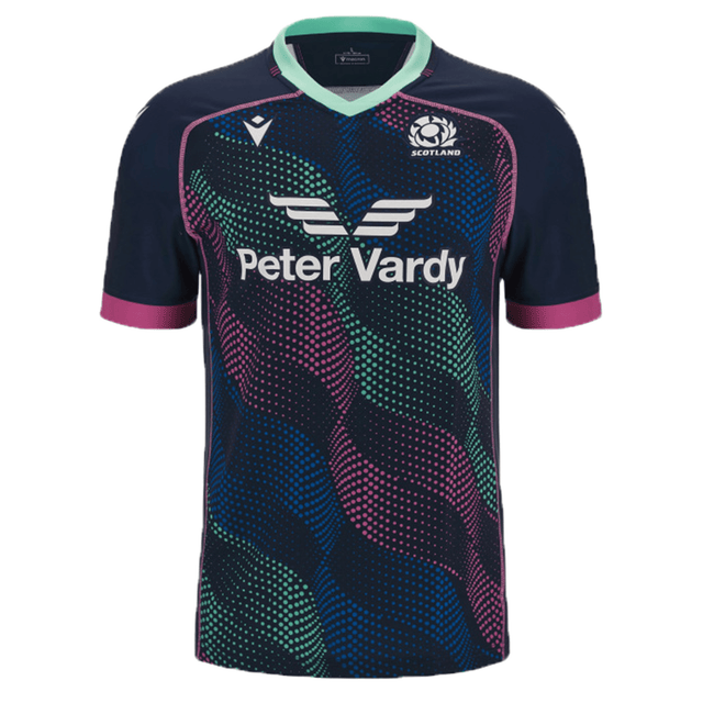 Front view of the Scotland Rugby Union Training Jersey 23/24 by Macron, featuring a dark background with multicolored wavy patterns and a white "Peter Vardy" sponsor logo.