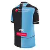 A blue and black Cardiff Blues Home Jersey 23/24 by Macron with the words rsk on the back.