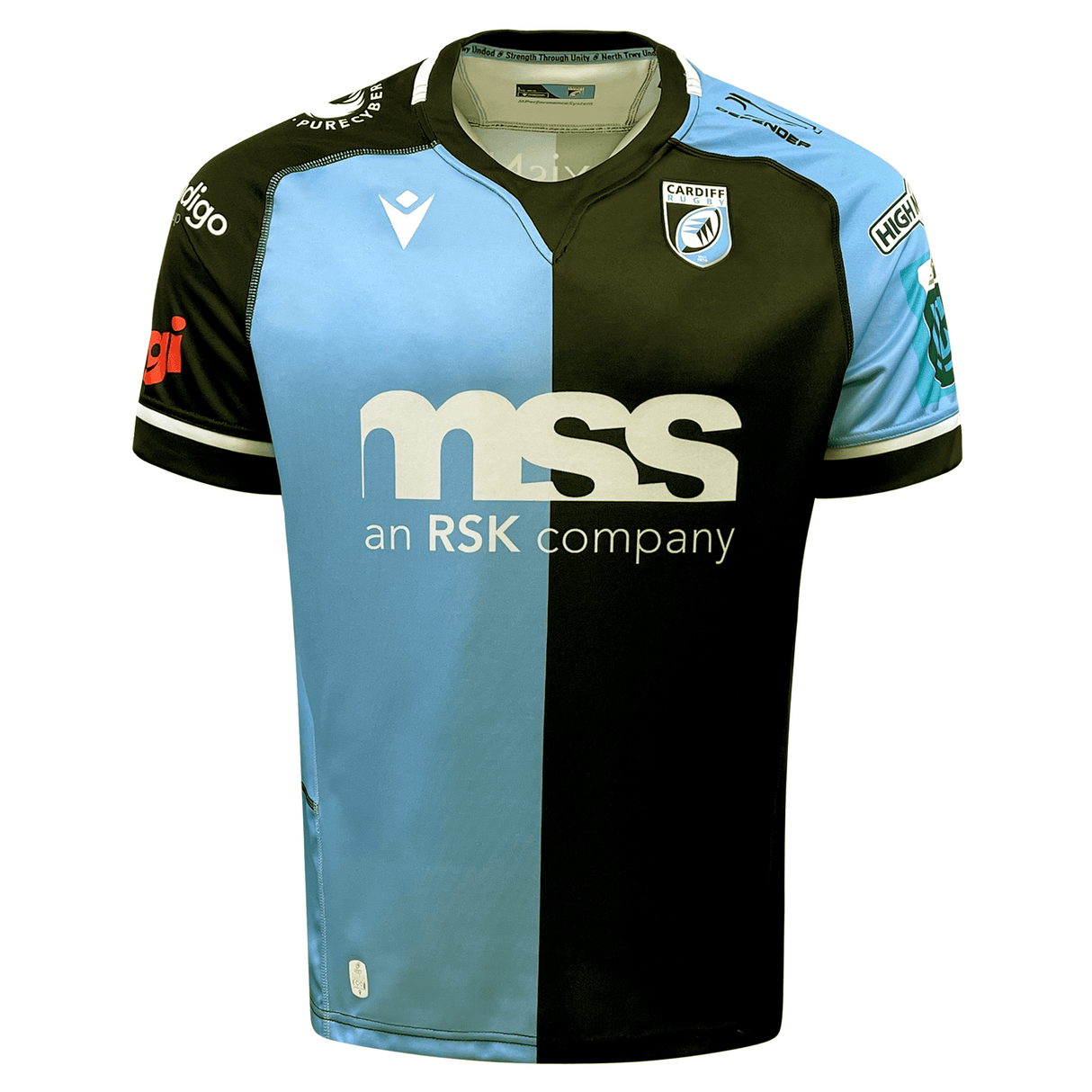 A black and blue replica Cardiff Blues Home Jersey 23/24 by Macron with the word mss on it, inspired by Cardiff's home jersey design.