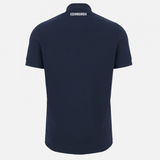 Back view of a navy blue Edinburgh Rugby 23/24 Player Travel Polo shirt with the word "Edinburgh" printed across the upper back by Macron.