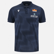 Navy blue Edinburgh Rugby 23/24 Player Travel Polo by Macron with Scottish Building Society sponsorship displayed on the chest.