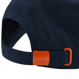 Close-up view of a Macron Edinburgh Cap 23/24's adjustable metal buckle closure with a bright orange clasp featuring the embossed text "est. 1978".