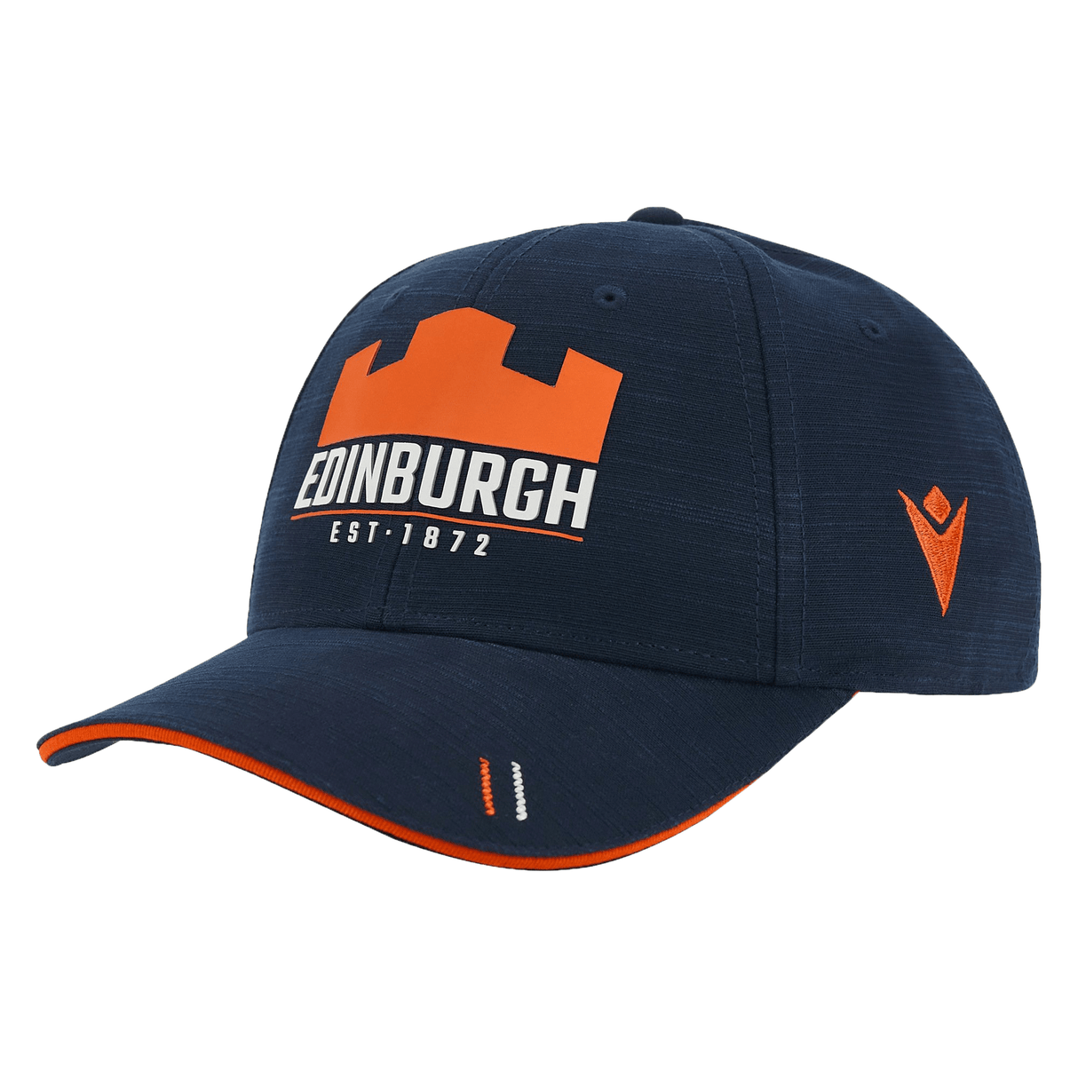 Navy blue polyester baseball cap with the "Edinburgh est. 1872" logo in orange and a small orange emblem on the side, featuring **the Edinburgh Cap 23/24 by Macron** adjustable metal buckle closure.