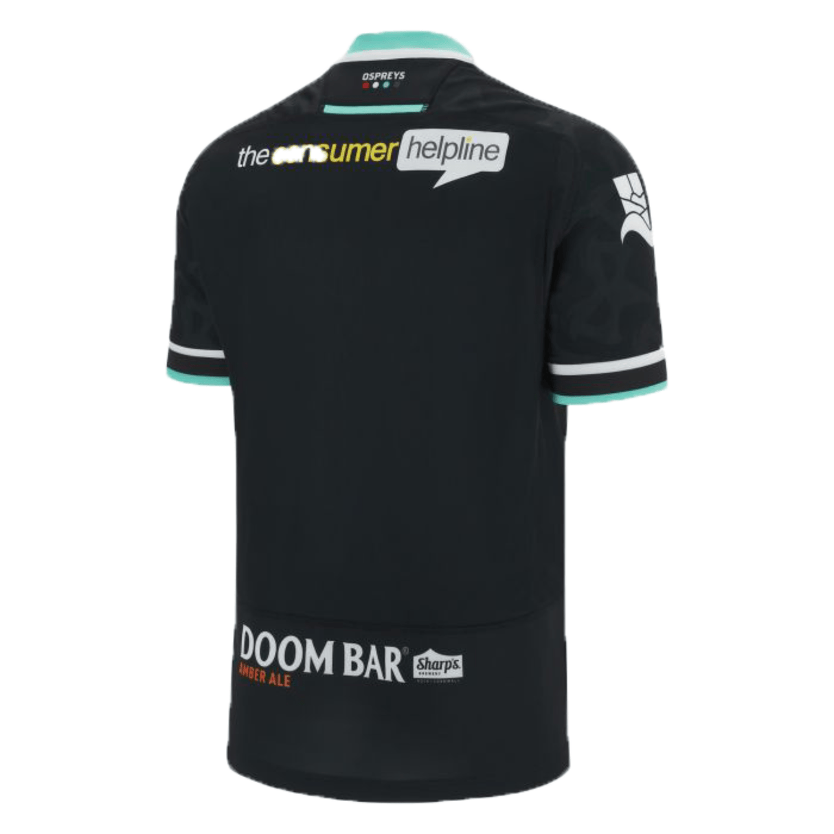 Rear view of the Ospreys Home Jersey 23/24 by Macron in black, highlighting sponsorship logos from "the consumer helpline" and "DOOM BAR." Crafted from high-tech fabric, this jersey boasts white and teal accents on the collar and sleeves, ensuring an athletic fit sportswear feel.