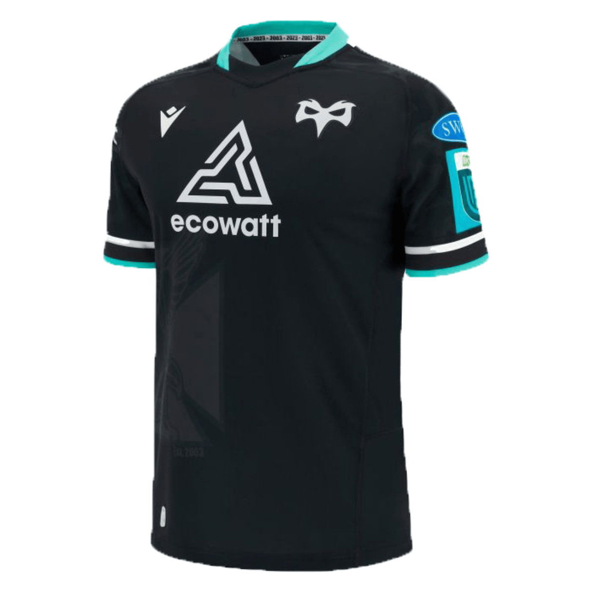 The Ospreys Home Jersey 23/24 by Macron boasts a sleek black design featuring the "ecowatt" logo on the front, with white and teal accents. It includes a team crest on the left chest and a sponsor patch on the right sleeve. Made by Macron, this jersey offers an athletic fit sportswear style constructed from high-tech fabric for optimum performance.